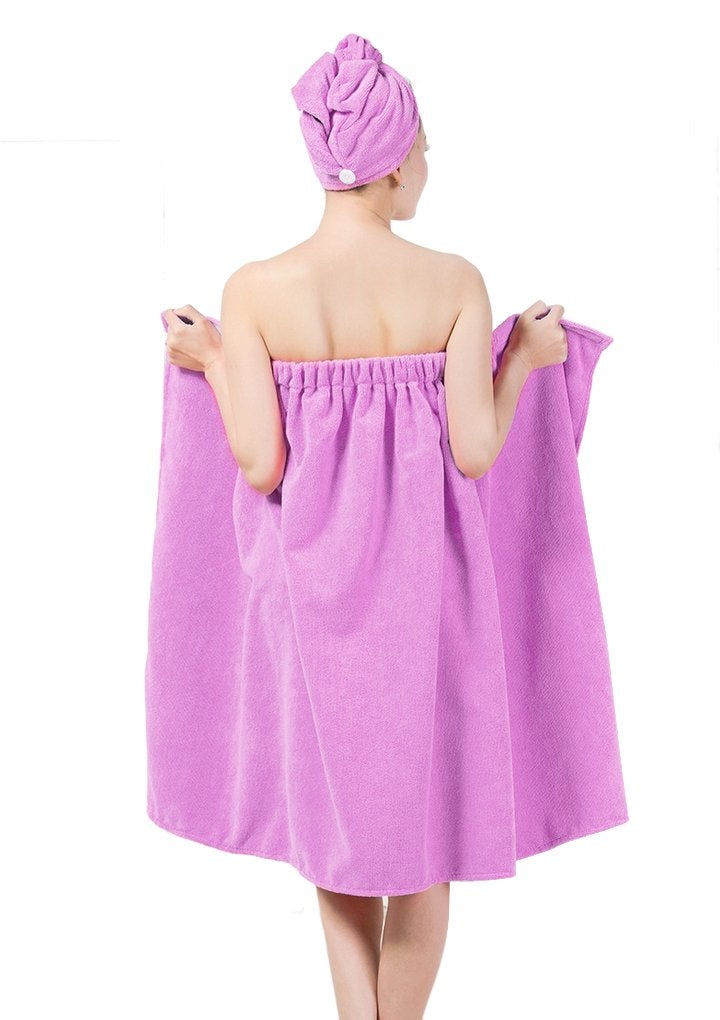 Fakeface Ladies Absorbent Microfiber Spa Bath Towels Body Wrap Cover Up Set Cozy Fleece Bathrobe Bath Towel Tube Dress Nightgown Sleepwear Shower Hair Drying Turban Cap Hat Bathroom Accessories for Women Girls - Image 3
